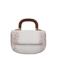 White crocodile-textured handbag with wooden handle on a white background