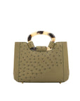 Back of jungle green ostrich handbag with a handle on a white background