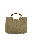 Front of jungle green ostrich handbag with a handle on a white background