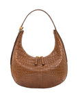 Brown crocodile-patterned handbag on a white background