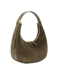 Brown suede handbag with gold accents on a white background