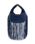 Navy blue suede handbag with fringe details on a white background