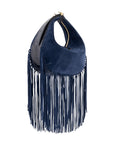 Navy blue handbag with fringe details on a white background