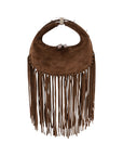 Front of cognac suede handbag with fringe details on a white background
