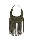 Olive green suede handbag with fringe details on a white background