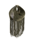 Side of olive green suede handbag with fringe details on a white background