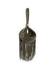 Side of olive green suede handbag with fringe details on a white background