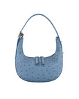 Blue handbag with a ostrich-textured pattern on a white background