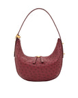 Maroon ostrich-textured handbag with gold zipper on a white background