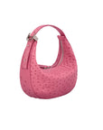 Pink handbag with a ostrich-textured pattern on a white background