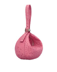 Pink handbag with a ostrich-textured pattern on a white background