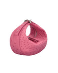 Pink handbag with a ostrich-textured pattern on a white background