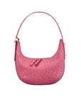 Pink handbag with a ostrich-textured pattern on a white background