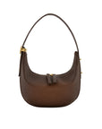 Dark brown leather handbag with gold accents on a white background