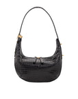 Black crocodile-patterned handbag on a white background