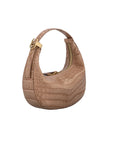 Beige handbag with crocodile texture on a white background