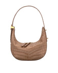 Beige handbag with crocodile texture on a white background