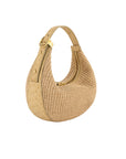 Beige woven handbag on a white background