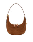Brown suede handbag with a strap on a white background