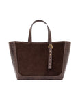 Dark brown semi suede-textured handbag on a white background