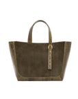 Olive semi suede-textured handbag on a white background