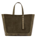 Olive semi suede-textured handbag on a white background