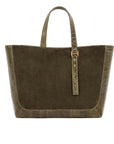 Olive semi suede-textured handbag on a white background