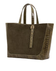 Olive semi suede-textured handbag on a white background
