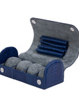 Blue crocodile textured watch box on a white background