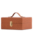 Brown ostrich textured jewelry box with a gold clasp on a white background