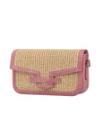 Side of a beige woven pouch with pink trim on a white background