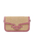 Front of a beige woven pouch with pink trim on a white background