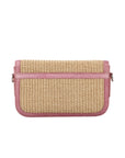 Back of a beige woven pouch with pink trim on a white background