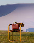 Chair with a maroon ostrich-textured handbag on a grassy field with a large sand dune in the background