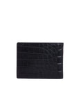 Back of black crocodile-patterned leather wallet on a white background