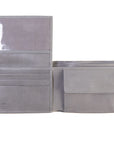 Inside of gray leather wallet on a white background