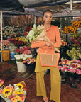 Small Davy Tote in Caramel Raffia & Mango Ostrich Leg
