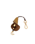 Brown leather keychain with gold accents on a white background