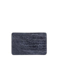 Back of a grey ostrich leg textured cardholder on a white background