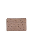 Front of a beige ostrich textured cardholder on a white background