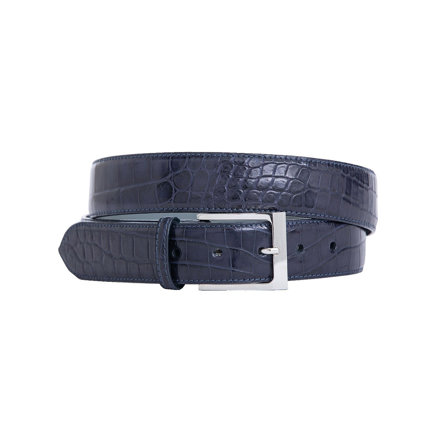 Navy blue crocodile-patterned belt with a silver buckle on a white background