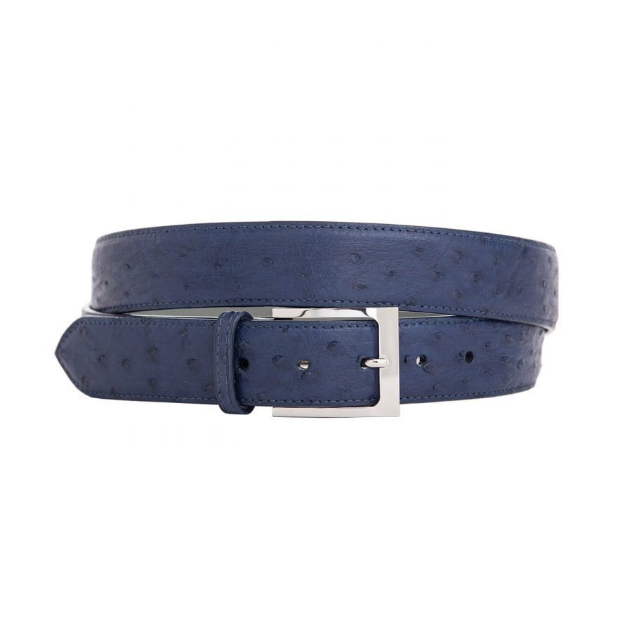 Navy blue ostrich-patterned belt with a silver buckle on a white background