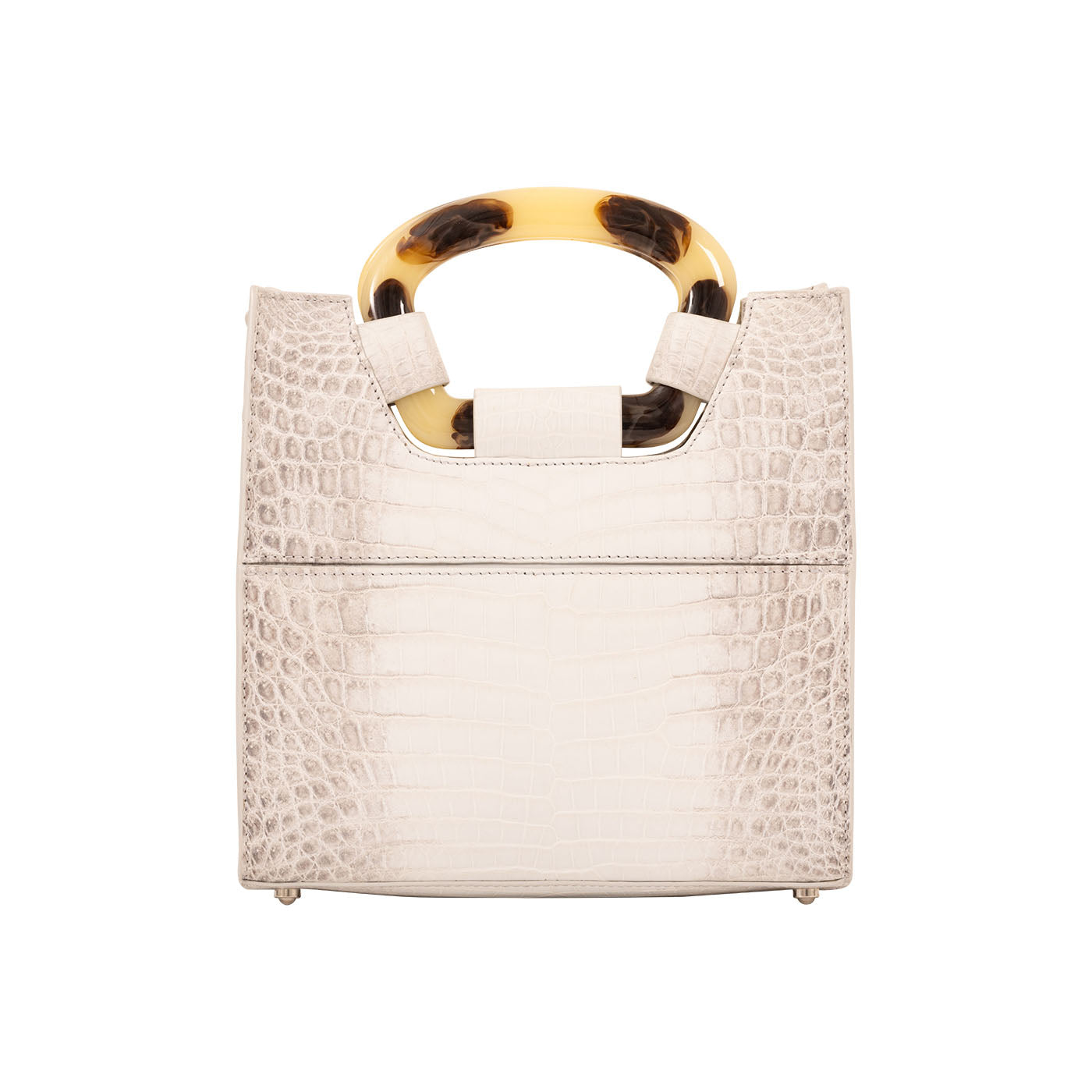 Back of a white textured handbag on a white background