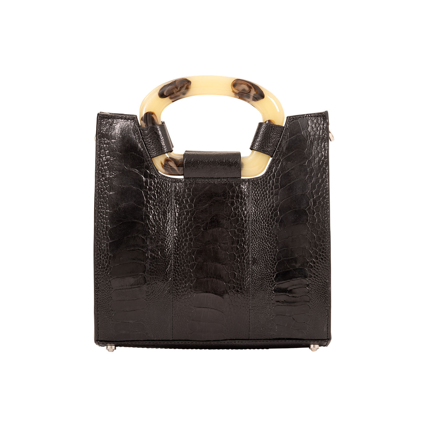 Black textured handbag on a white background