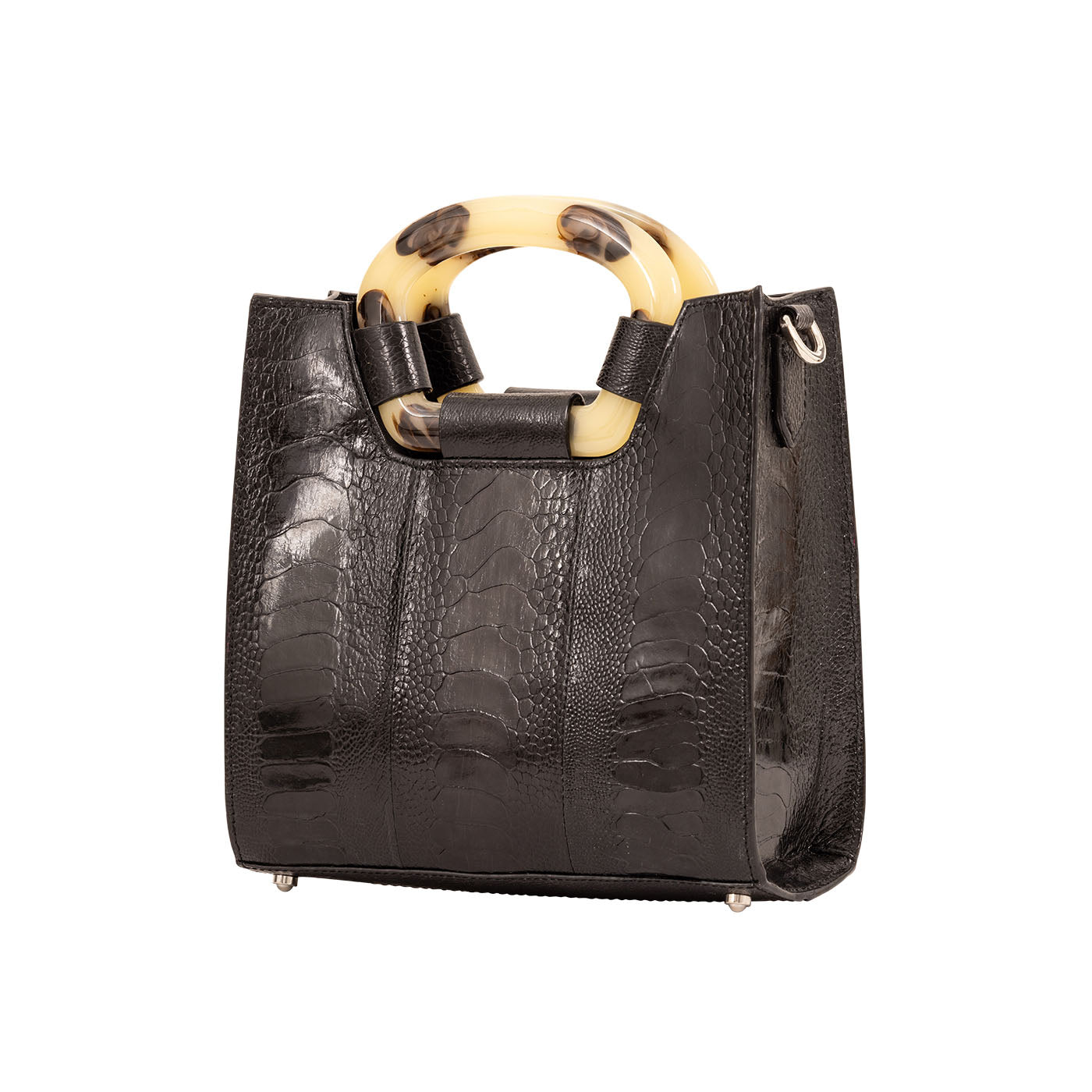 Side of a  textured handbag on a white background