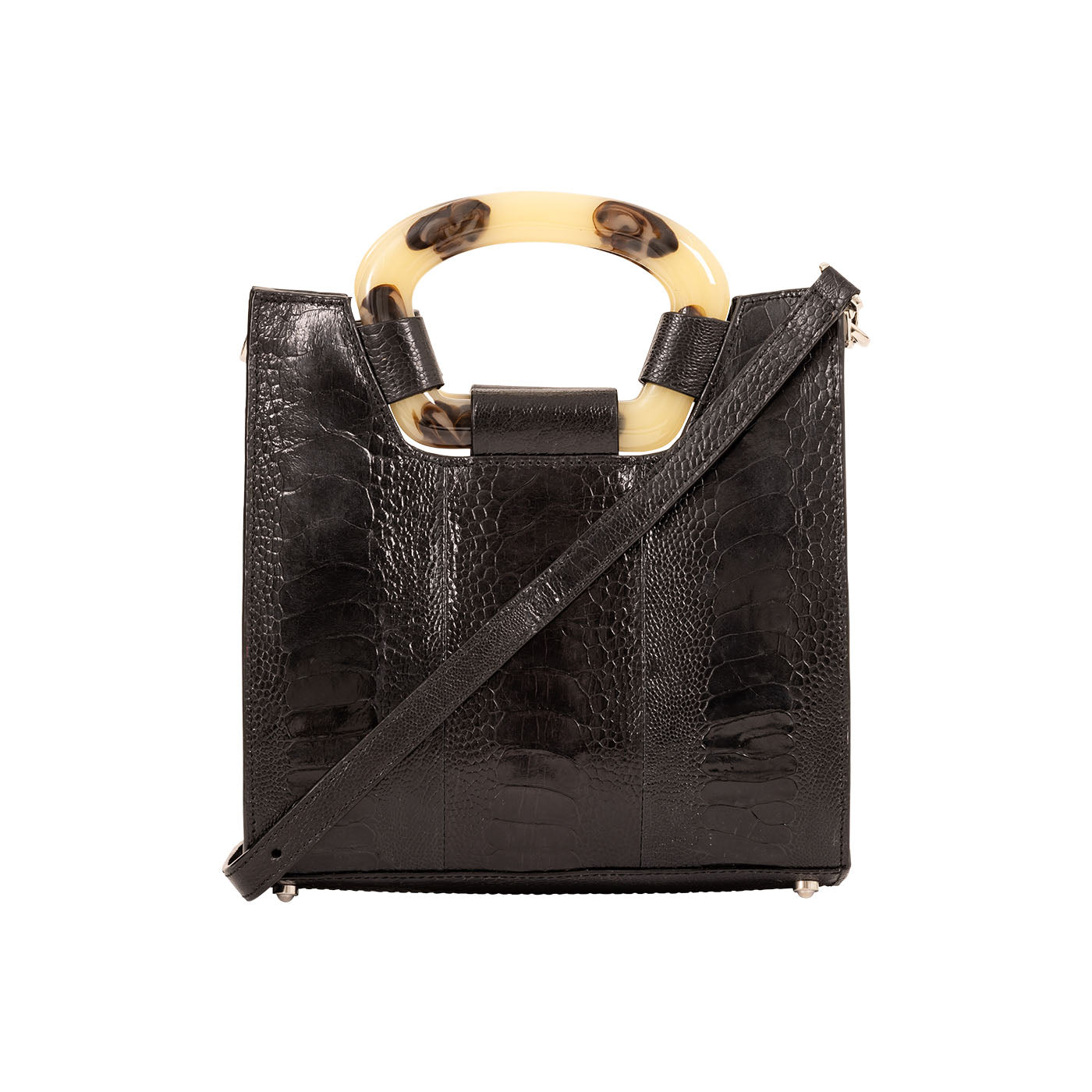 Front of a  textured handbag with a strap on a white background