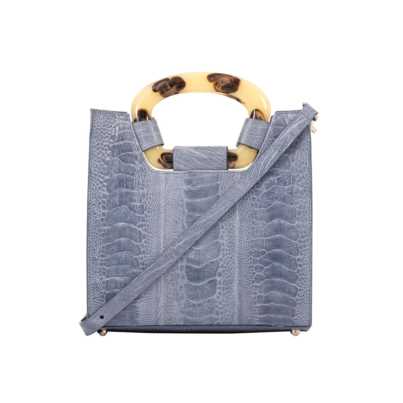 Blue textured handbag with a strap on a white background