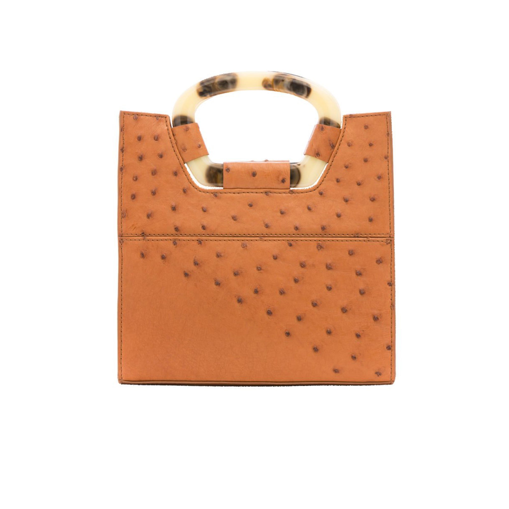 Back of a cognac ostrich textured handbag on a white background