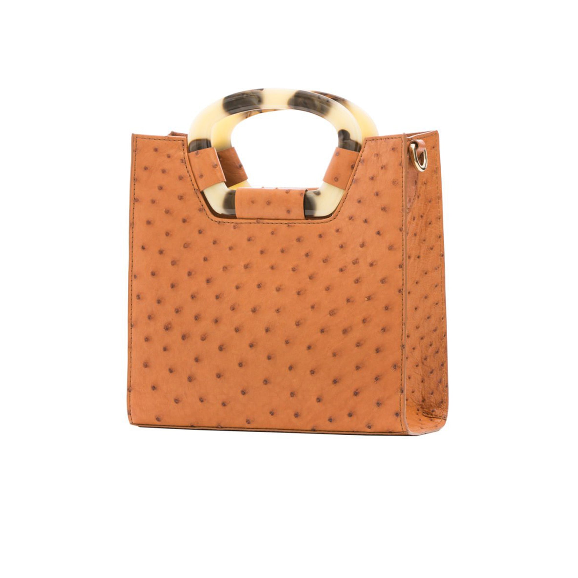 Front of a cognac ostrich textured handbag on a white background