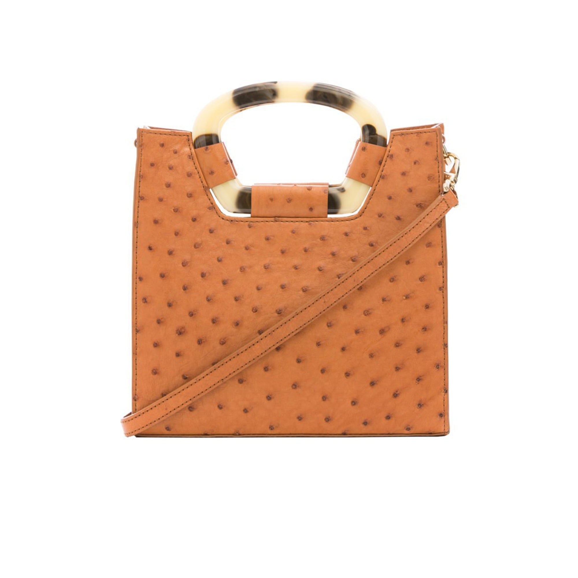 Front of a cognac ostrich textured handbag with a strap on a white background